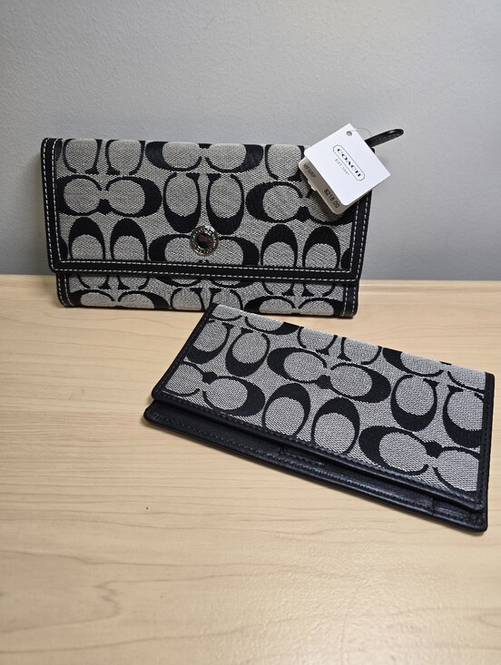 Coach Handbags - COACH F42986 Hampton Signature Jacquard Black Leather Trifold Wallet Checkbook